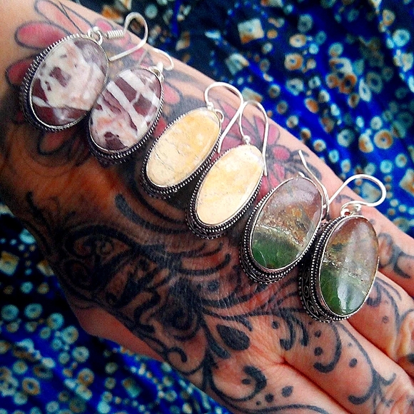 ❤ Artisan Malingo Jasper SS .925 Chunky Earrings w Ornate Bevel! - Picture 6 of 6